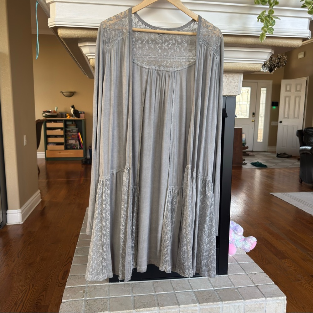 POL Grey Lace Patchwork Open Front long Cardigan … - image 1